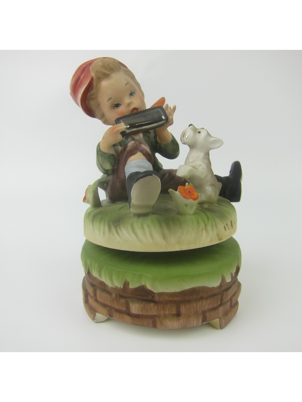 Vintage Spinning Music Box Boy Plays Harmonica Terrier Dog Napcoware Japan 1950s